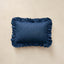 A rectangular navy pillow with a blue polka dot pattern and ruffled trim, photographed from directly above on a textured beige background.