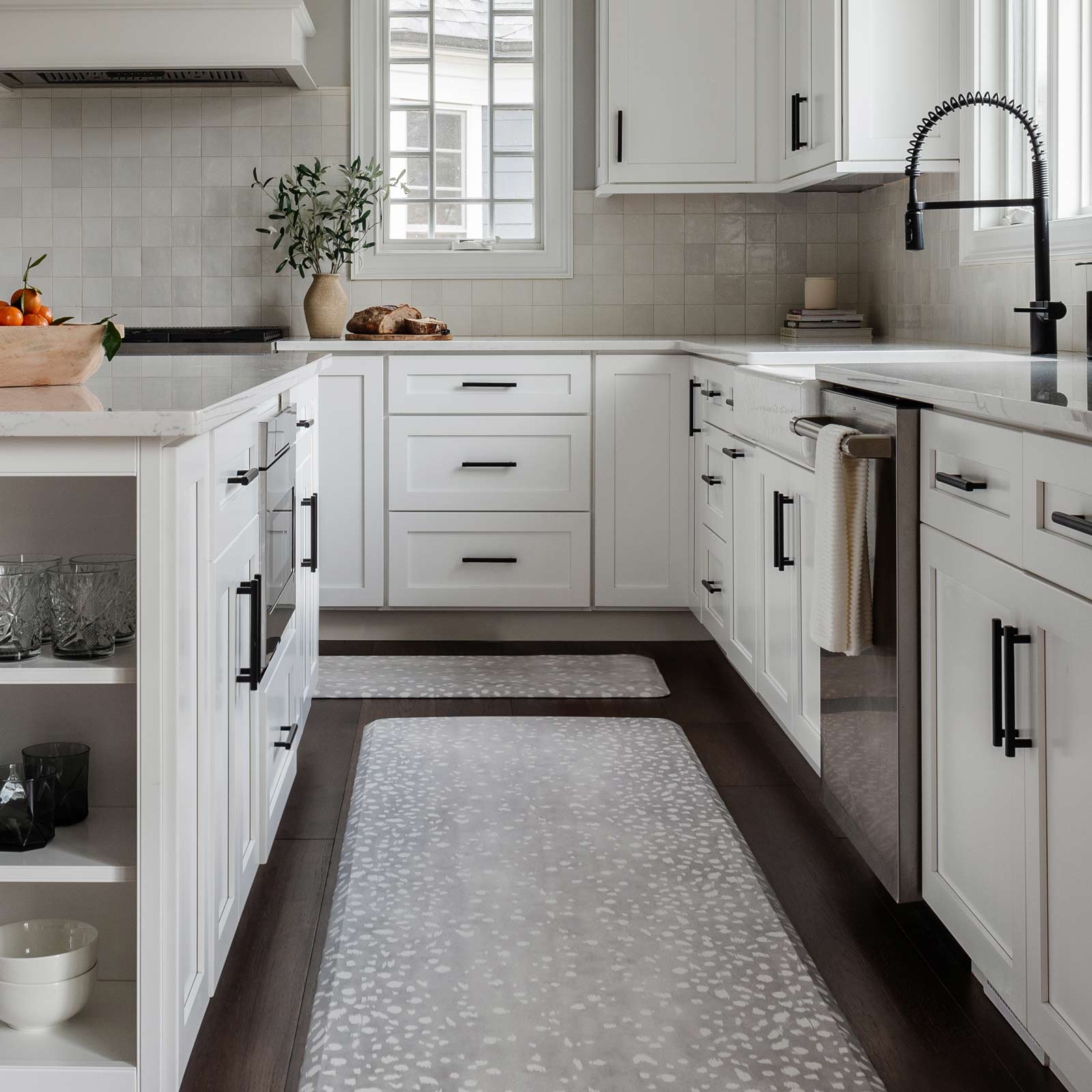 Fawn silver gray animal print kitchen mat shown in kitchen in sizes 30x108 and 20x72