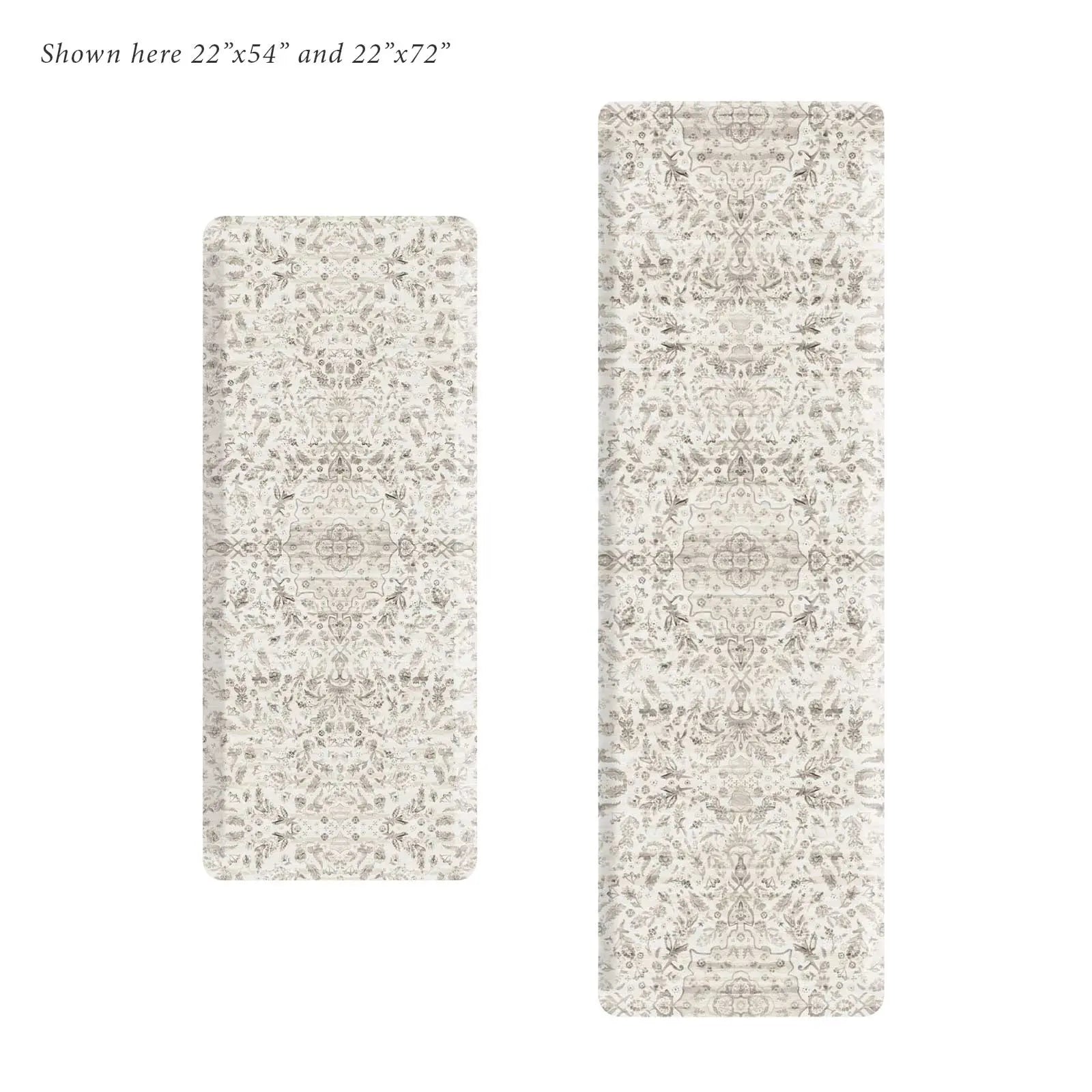 Emile latte beige and gray floral boho kitchen mat shown in sizes 22x4 and 22x73