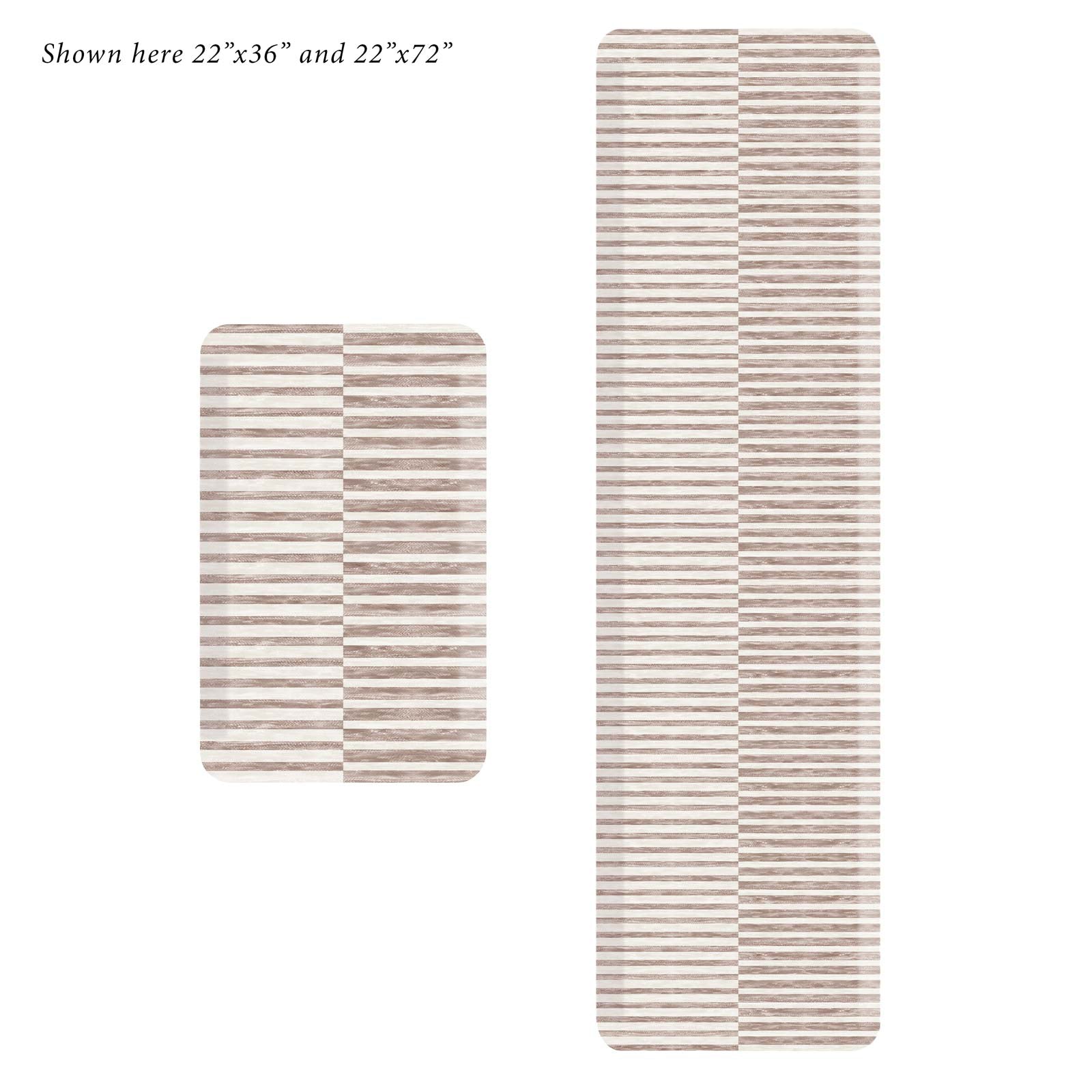 Reese chai beige and white inverted stripe standing mat shown in sizes 22x36 and 22x72