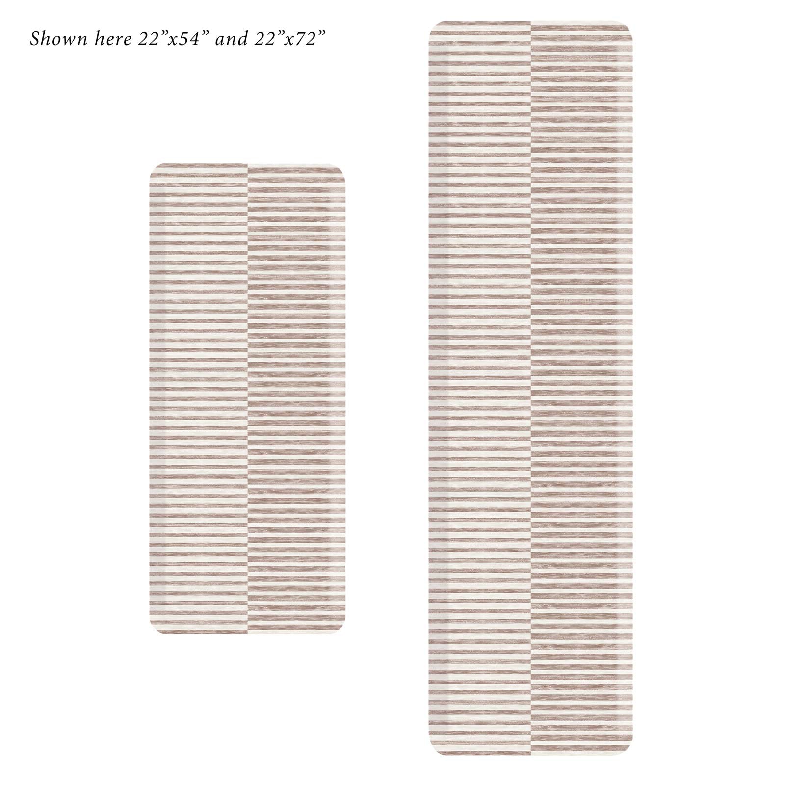Reese chai beige and white inverted stripe standing mat shown in sizes 22x54 and 22x72