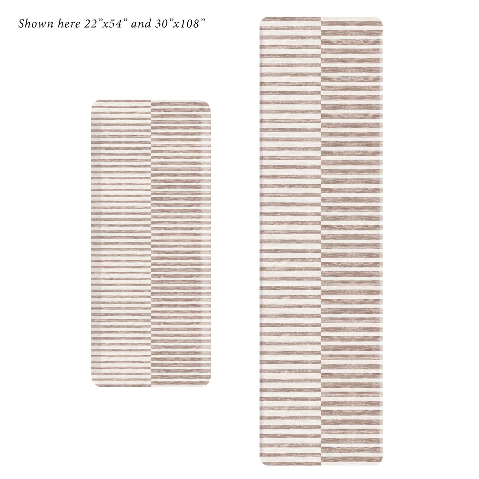 Reese chai beige and white inverted stripe standing mat shown in sizes 22x54 and 30x108