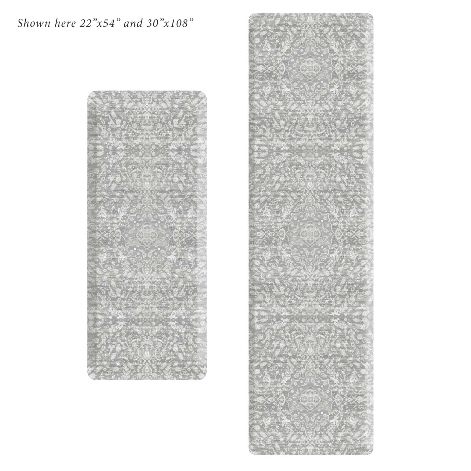 Emile earl grey gray and cream floral standing mat shown in sizes 22x54 and 30x108