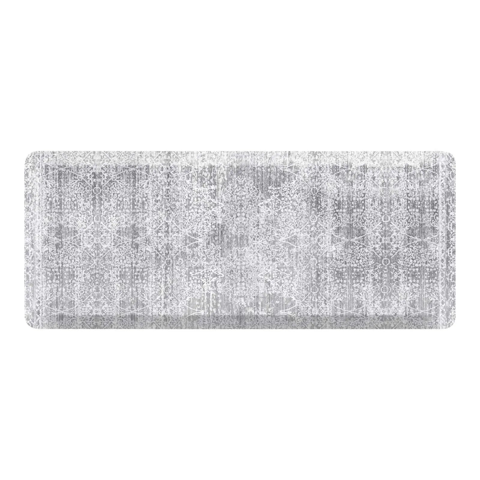Gray neutral boho print kitchen mat shown in size 22x54