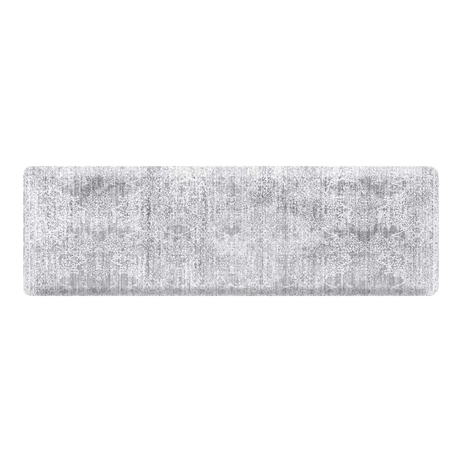 Gray neutral boho print kitchen mat shown in size 22x72