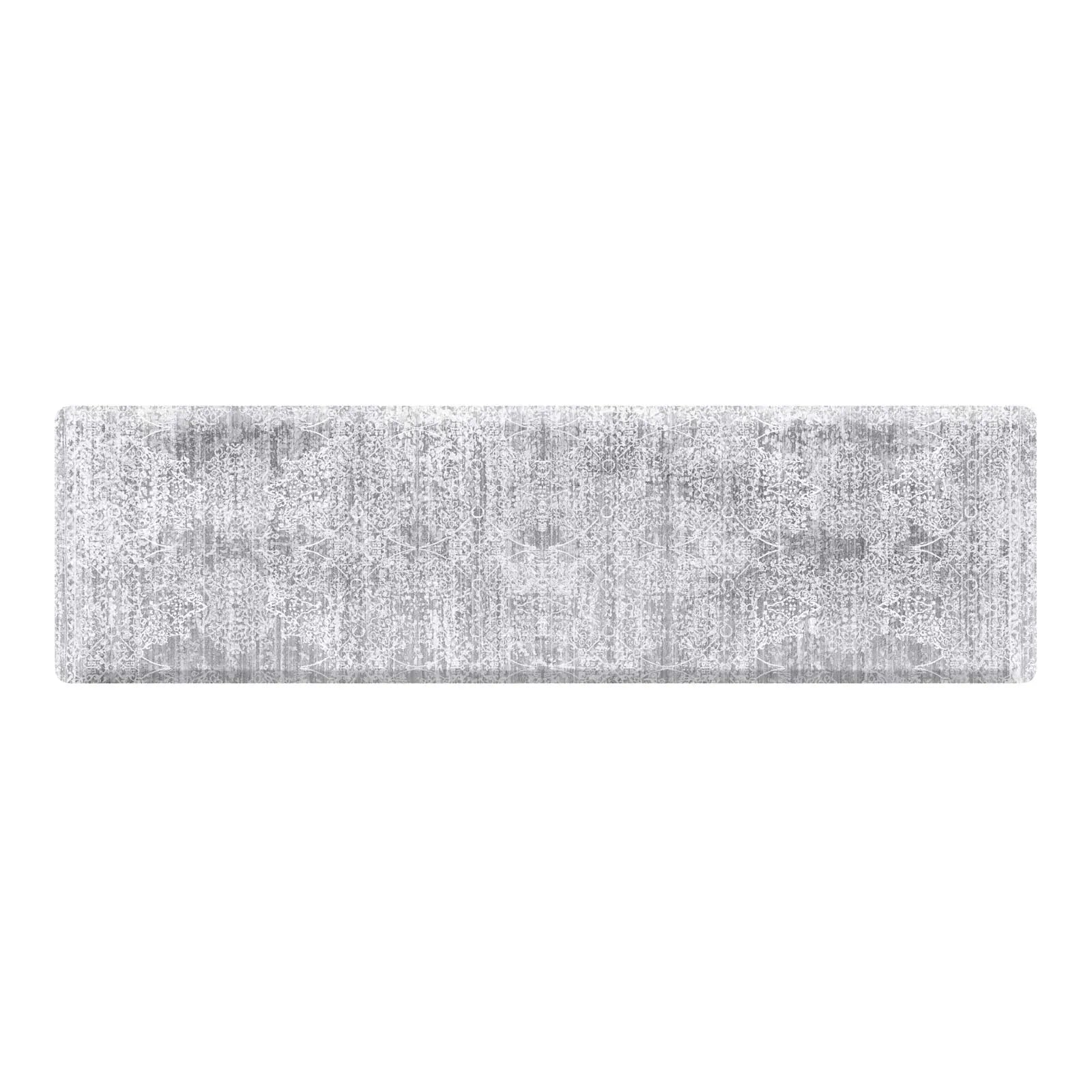 Gray neutral boho print kitchen mat shown in size 30x108