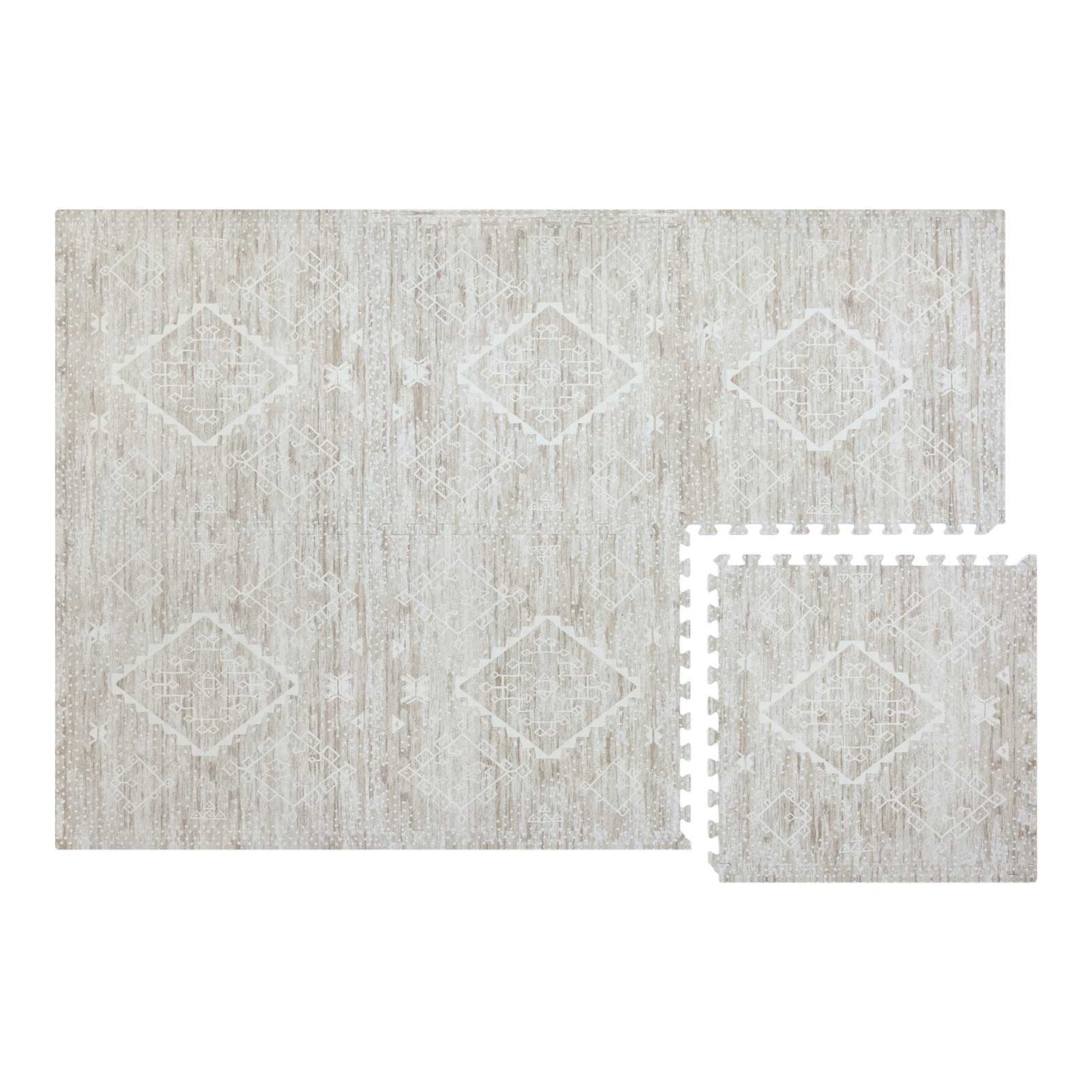 Ula driftwood neutral boho play mat shown in size 4x6 with 1 tile exposed