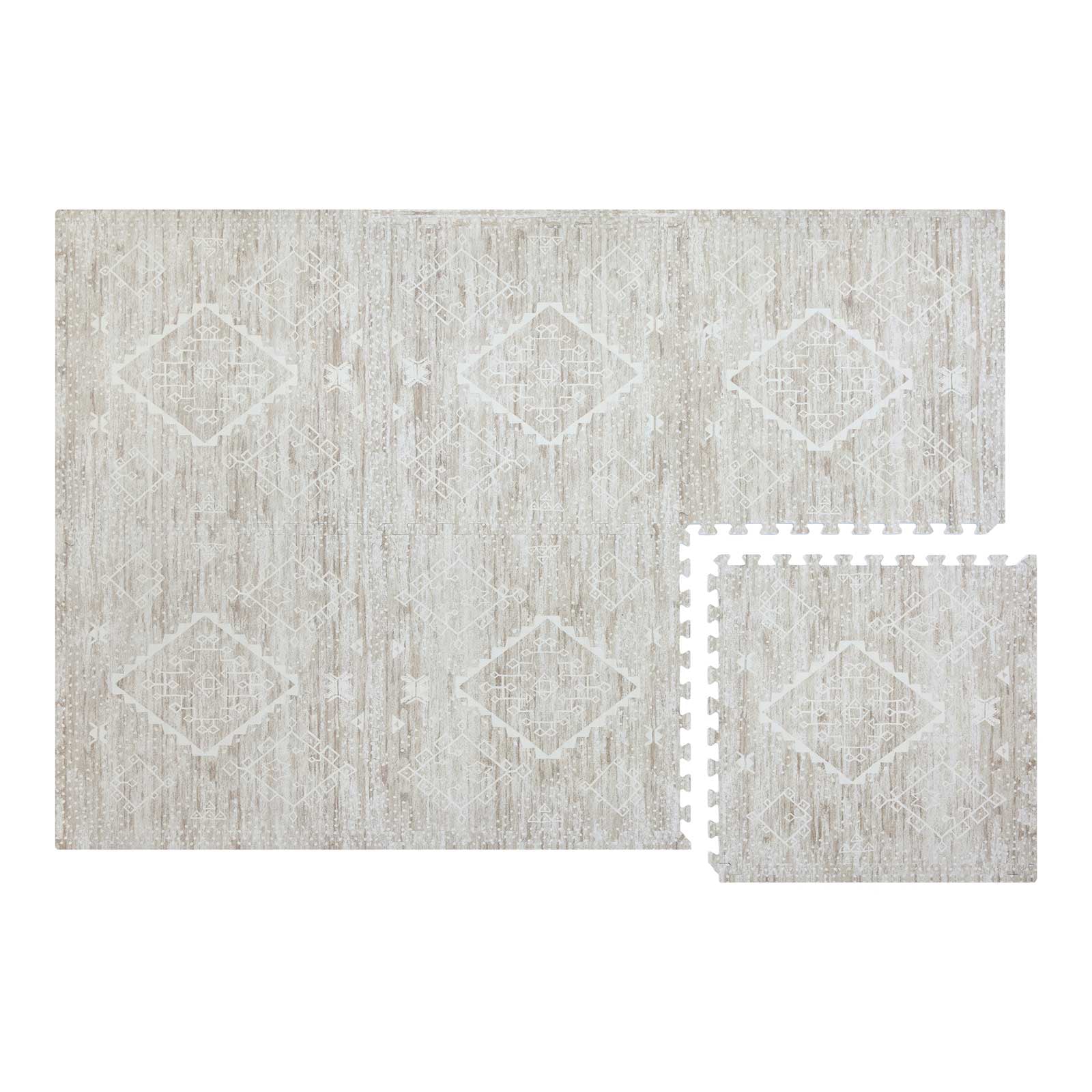 Ula driftwood neutral boho play mat shown in size 4x6 with 1 tile exposed