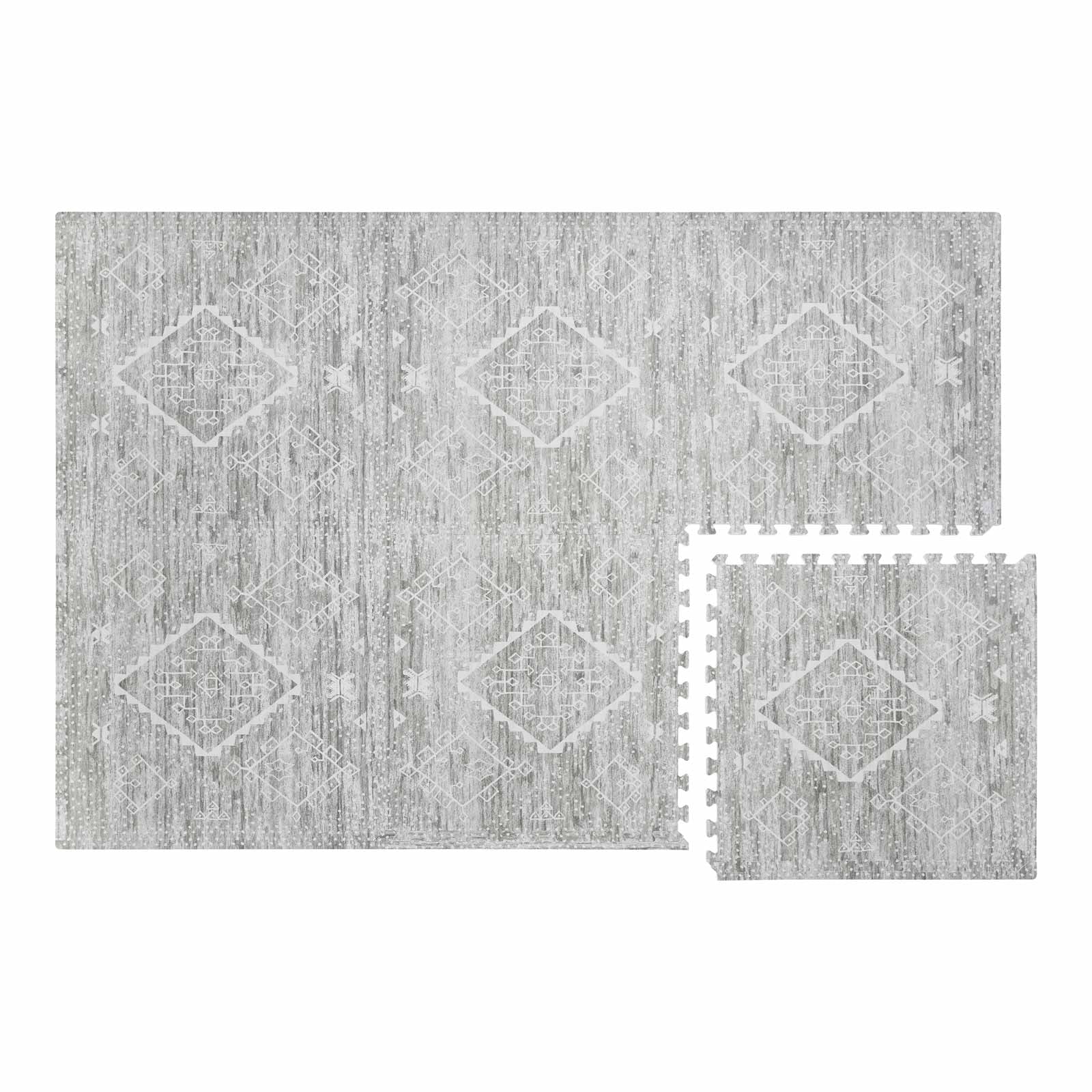 Ula willow neutral green boho print play mat in size 4x6 with 1 tile exposed