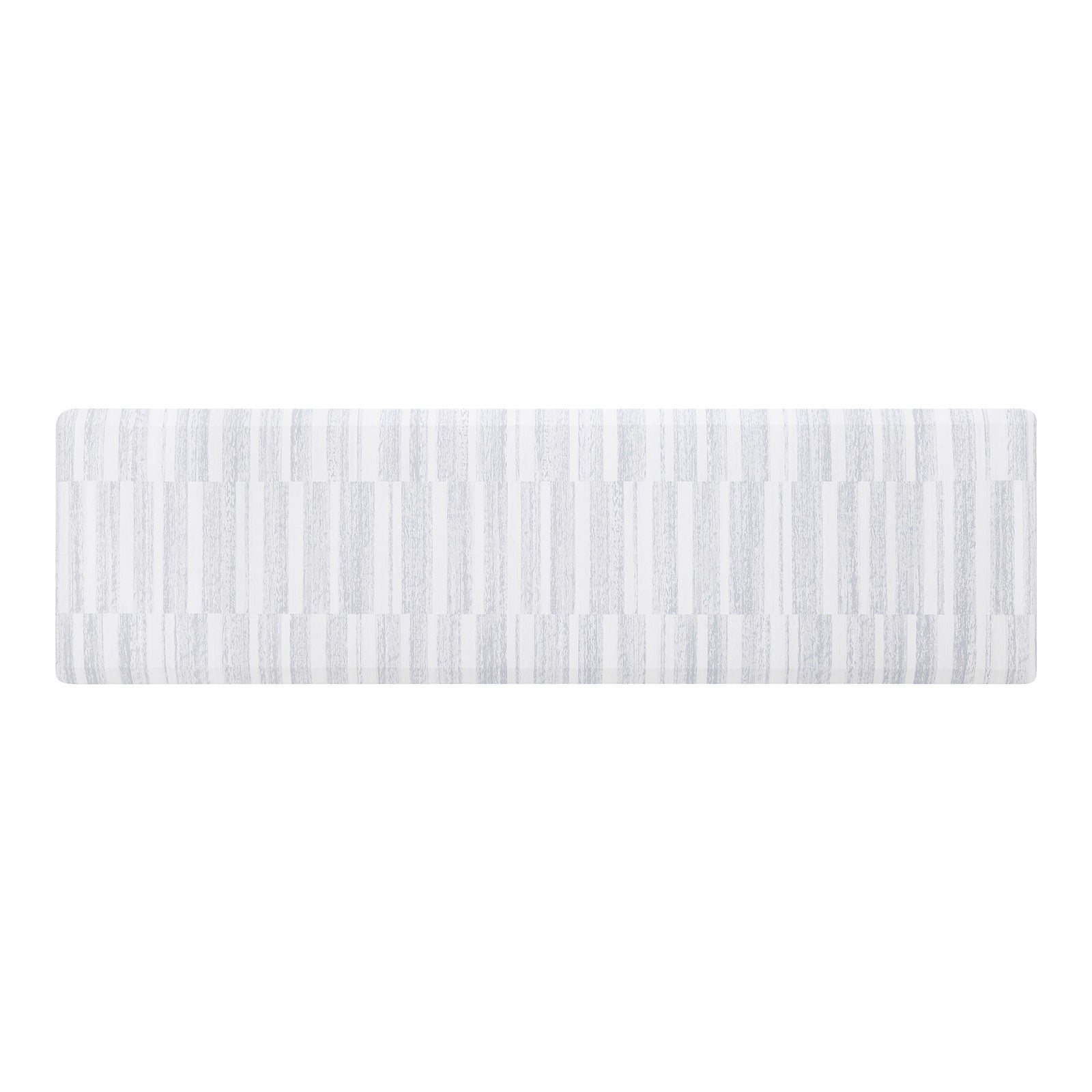 Overhead image of sutton stripe heather gray and white inverted stripe standing mat shown in size 30x108