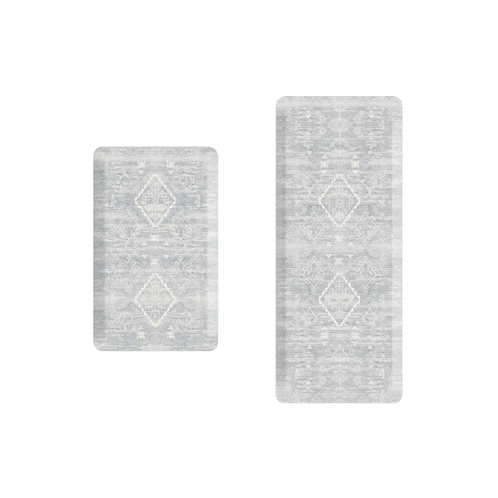 Ula gray and white Minimal Boho Pattern Standing Mat shown in sizes 22x36 and 22x54