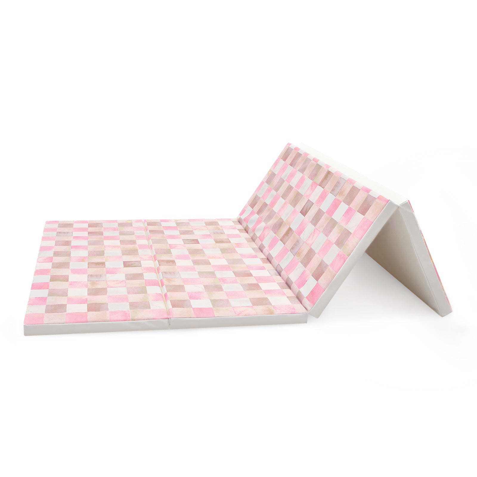 Gingham Neapolitan pink and brown checker print tumbling mat shown with 2 panels folded in a propped up standing position 