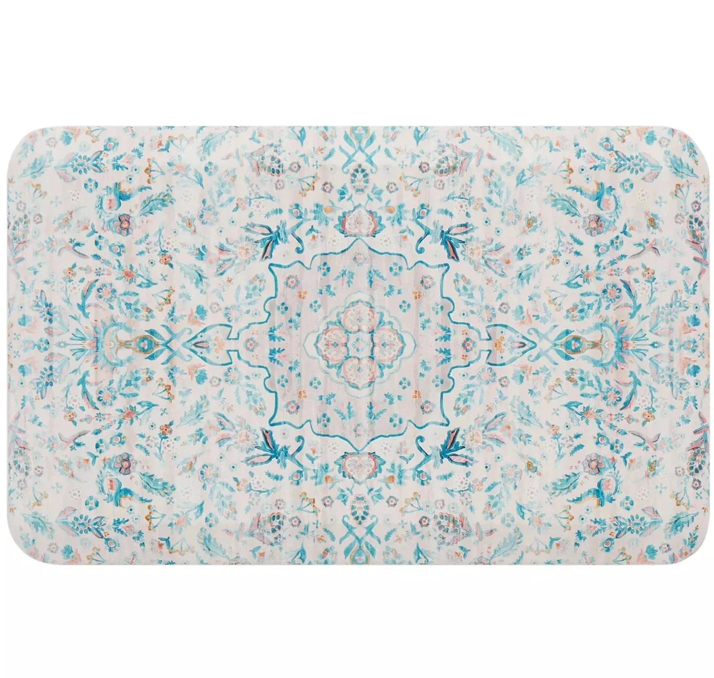 Emile Pale Aqua Muted Blue Pink Floral Boho Standing Mat shown in size 20x32