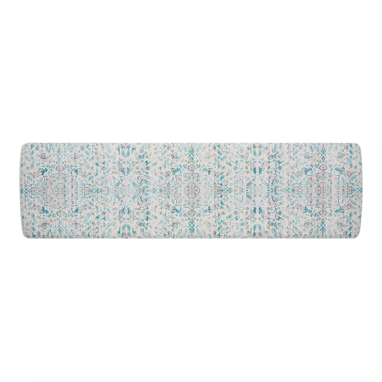Emile Pale Aqua Muted Blue Pink Floral Boho Standing Mat shown in size 30x108