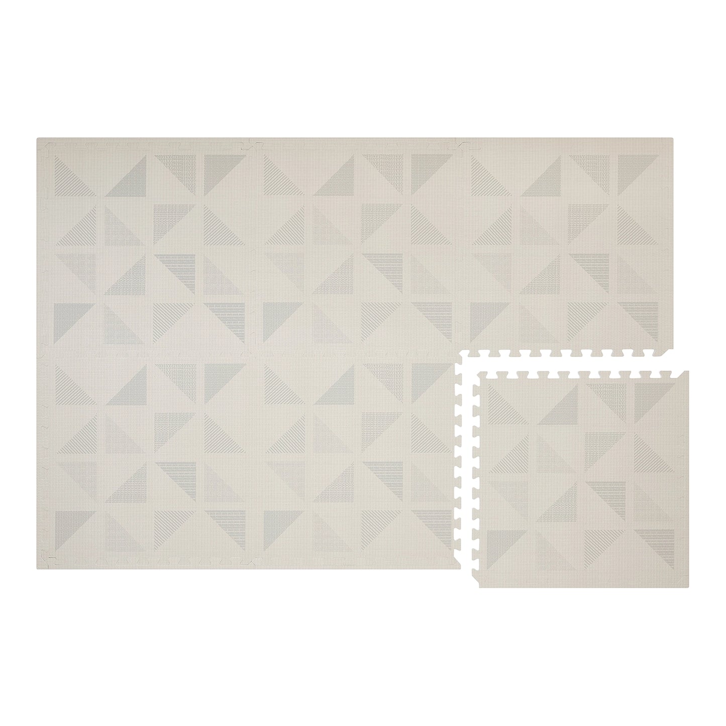 Overhead shot of the Terrazzo cream neutral geometric baby play mat. Shown in size 4x6 with 1 tile separated