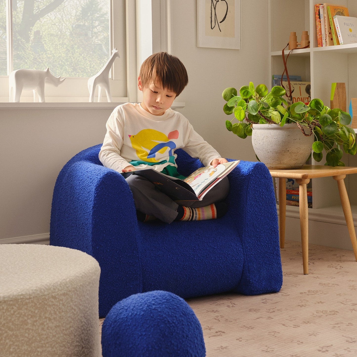 Child sitting on a blue chair reading a book in a cozy room with plants and a window.