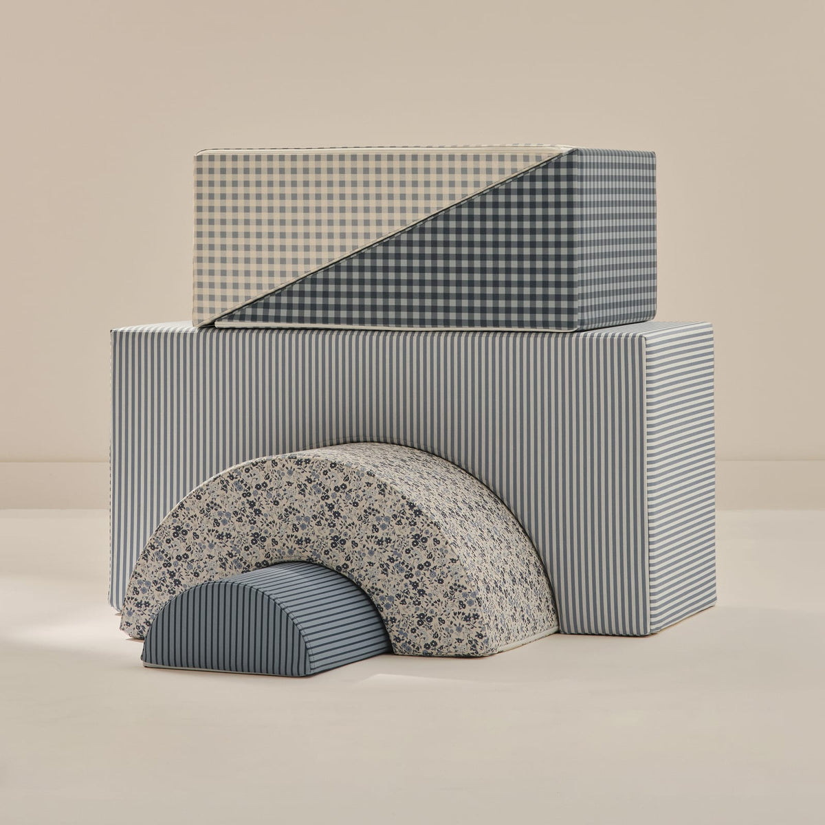 Chambray Play Set Bundle: the complete Arch Set and Wedge Set in blue stripes, florals and gingham on a beige background.