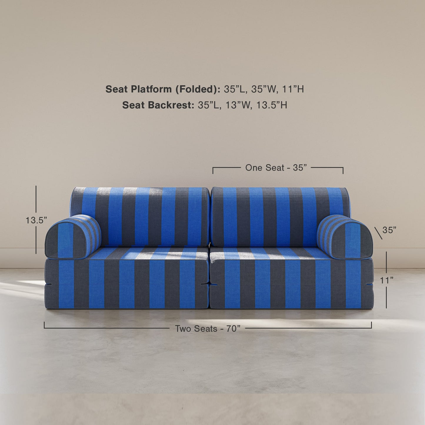 A two-seat sofa with bold blue and dark gray vertical stripes, shown with dimension callouts and text indicating seat platform and seat backrest measurements against a neutral beige wall and gray floor.