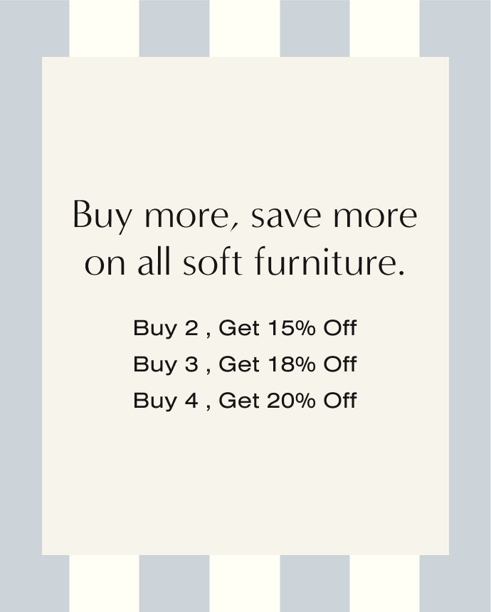 Promotional text for furniture sale with discount percentages on a light gray background.