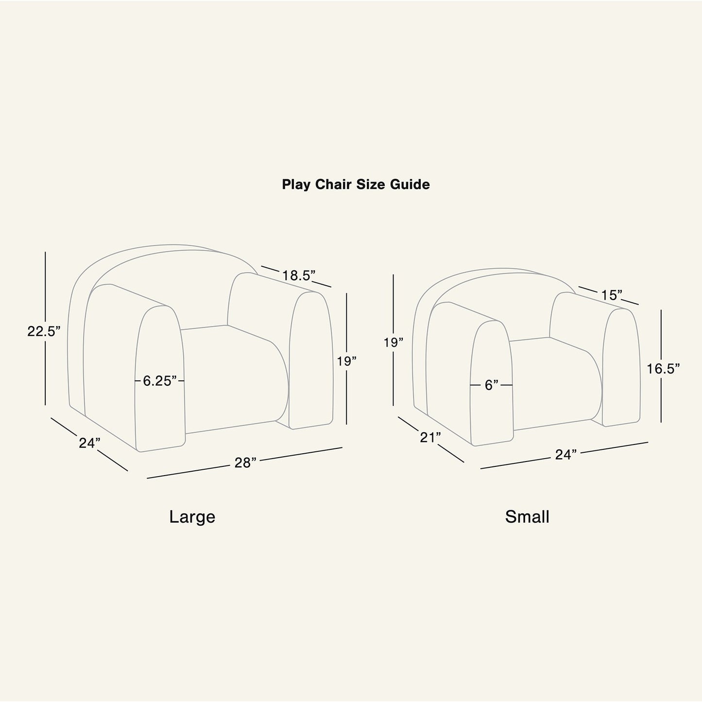 Dimensions of a large and small play chair on a white background