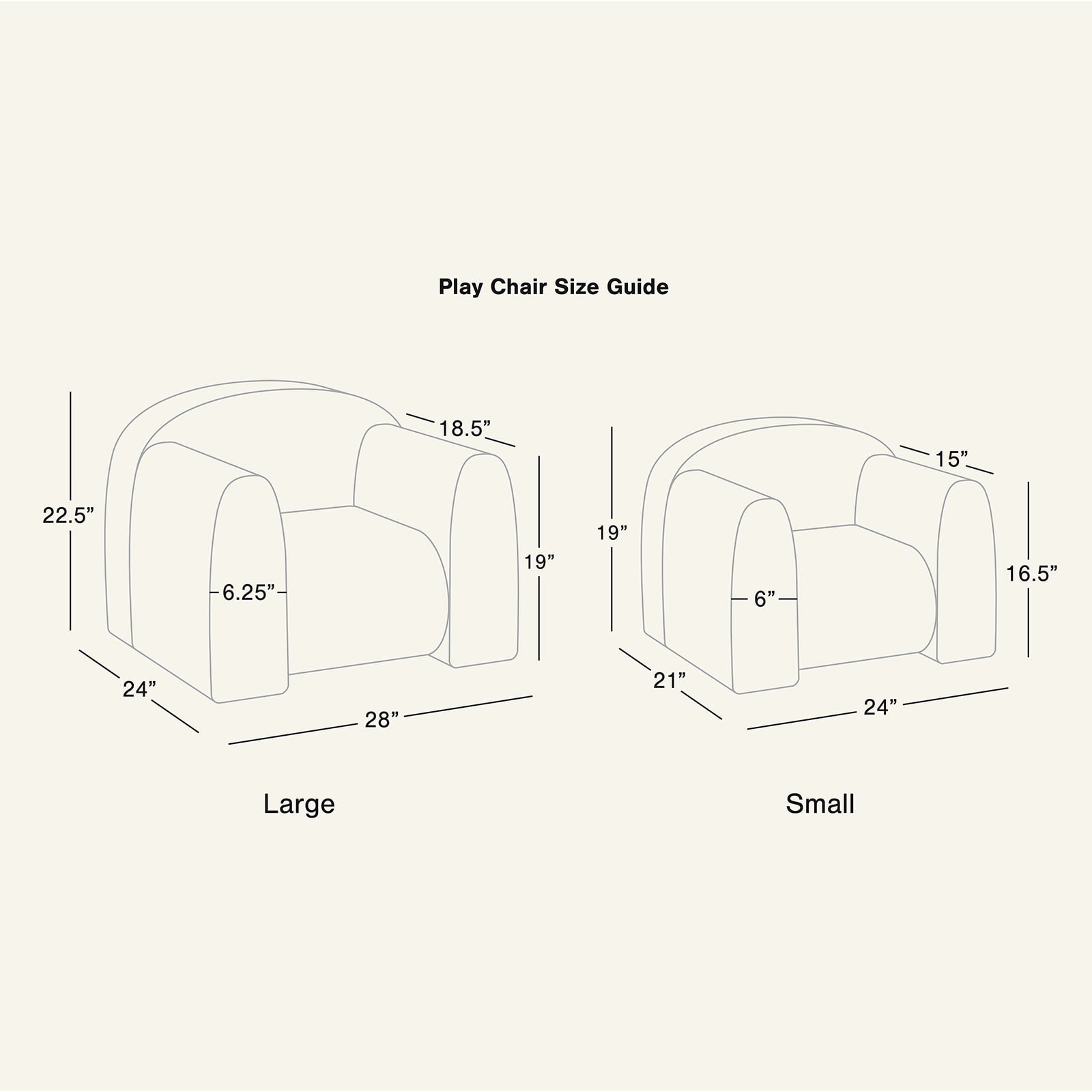 Dimensions of a large and small play chair on a white background