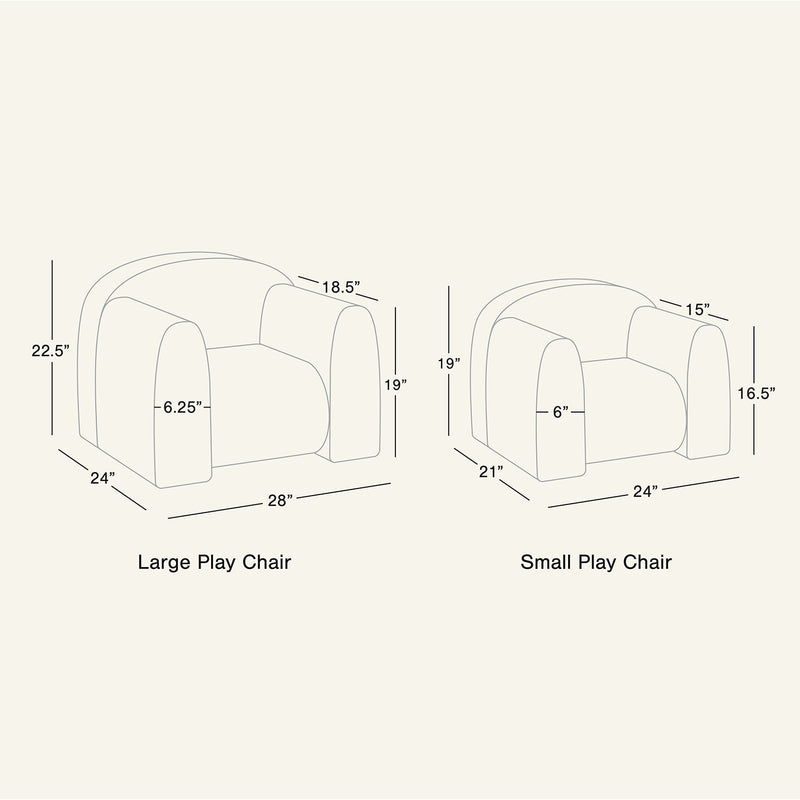 Dimensions of a large and small play chair on a white background