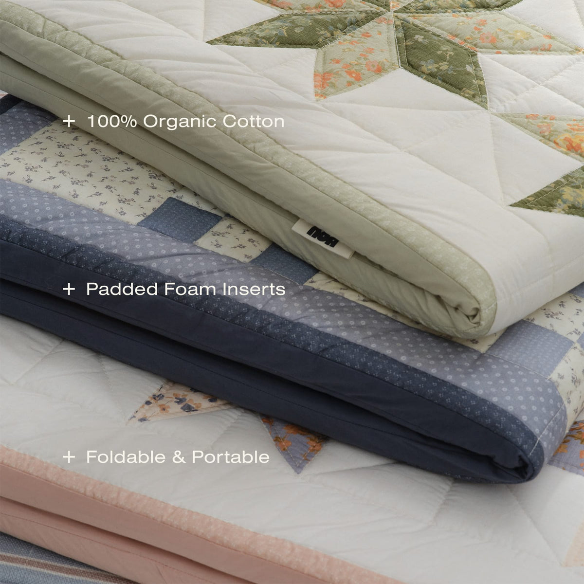 Quilted Mat features: 100% organic cotton, padded foam inserts, foldable and portable