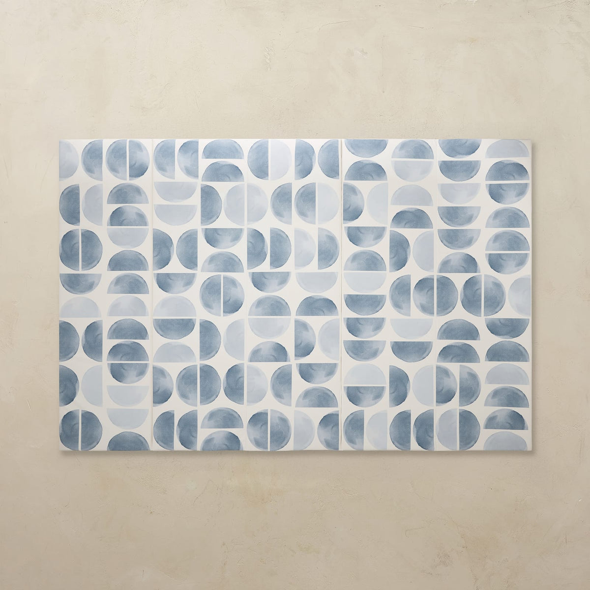 Selene Riviera 5x7.5 tumbling mat with watercolor dusty blue half-circles on a white base