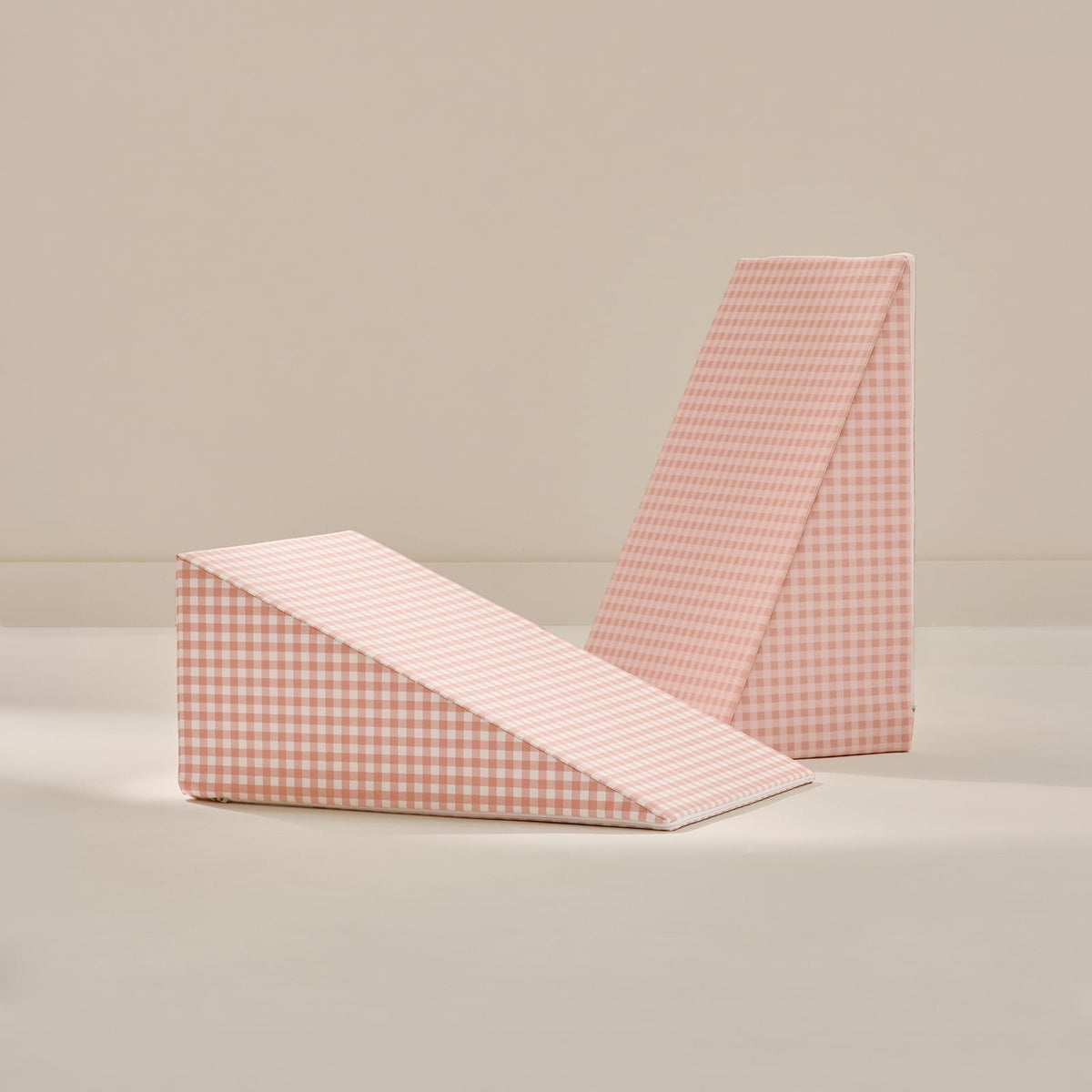 Peony Wedge Set: a low pink gingham wedge and a tall pink gingham wedge on a beige background.