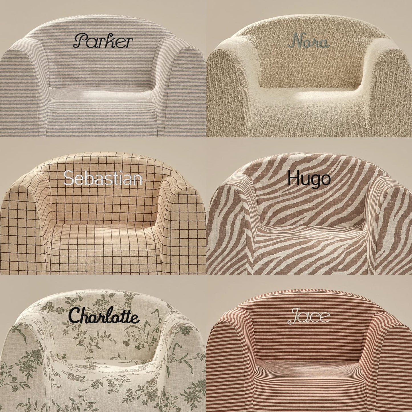 Collection of play chairs with different patterns and names on a neutral background