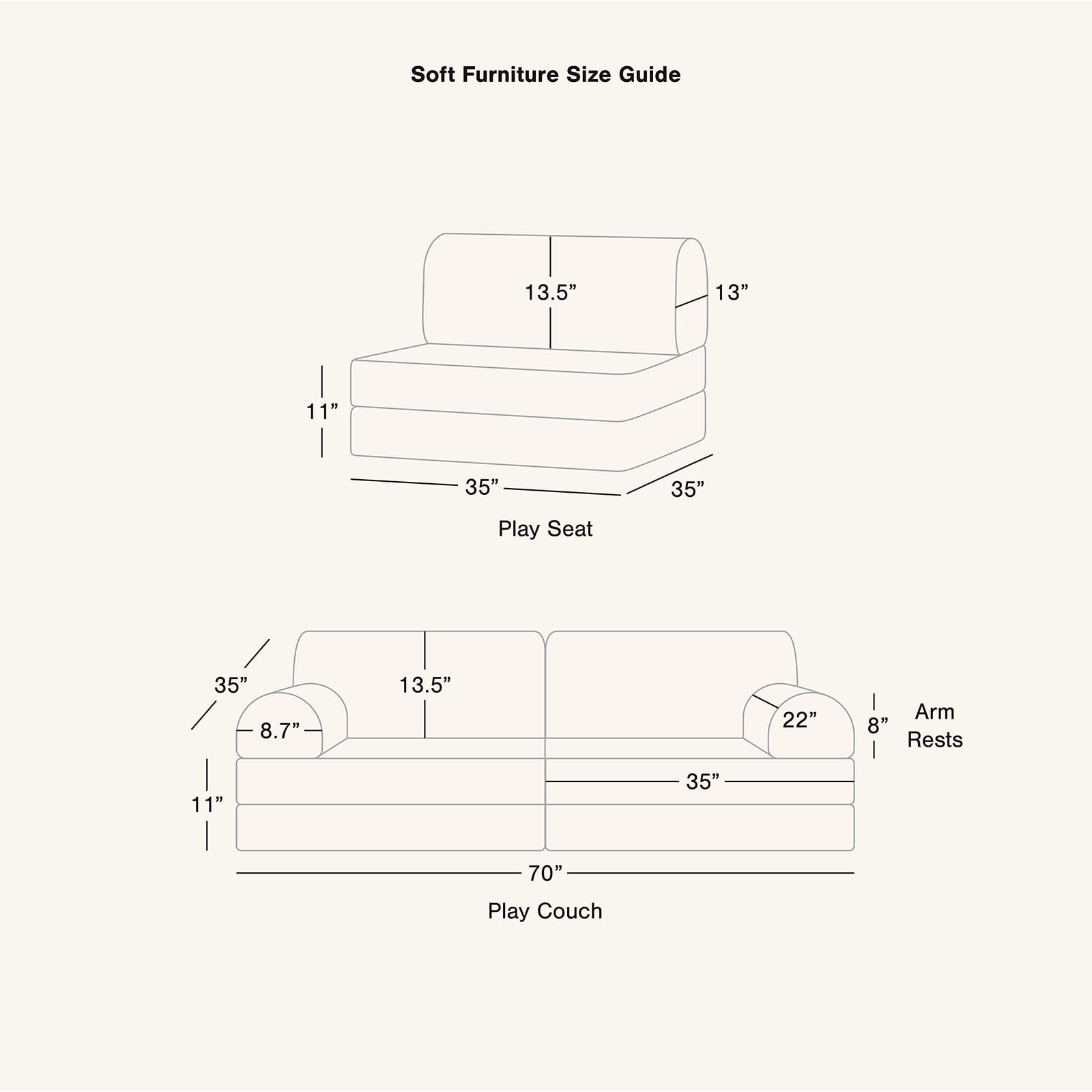 Diagram of a play seat and play couch with dimensions labeled.
