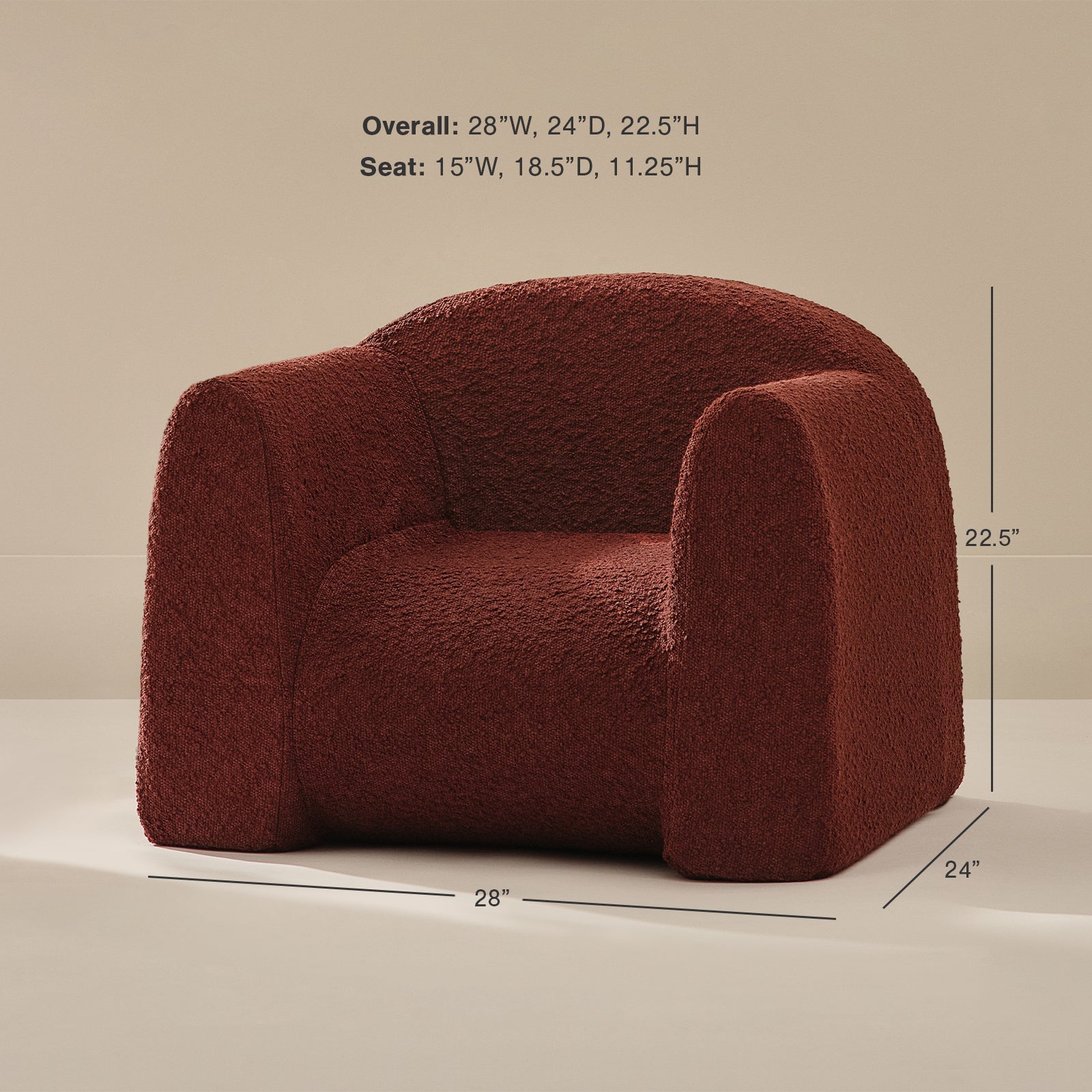 Red armchair with dimensions on a beige background