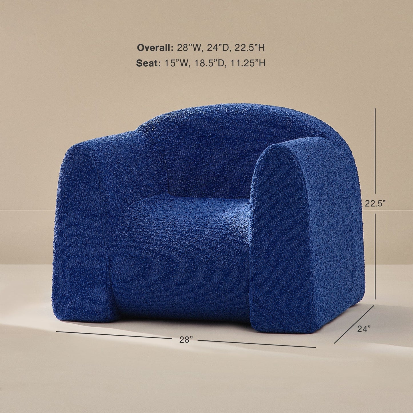 Blue armchair with dimensions on a beige background