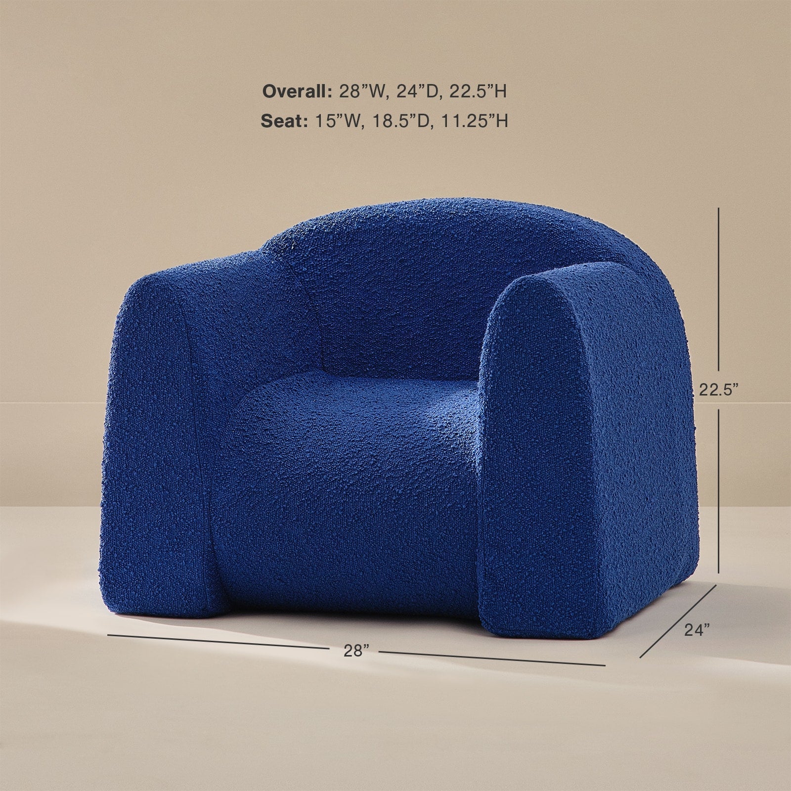 Blue armchair with dimensions on a beige background