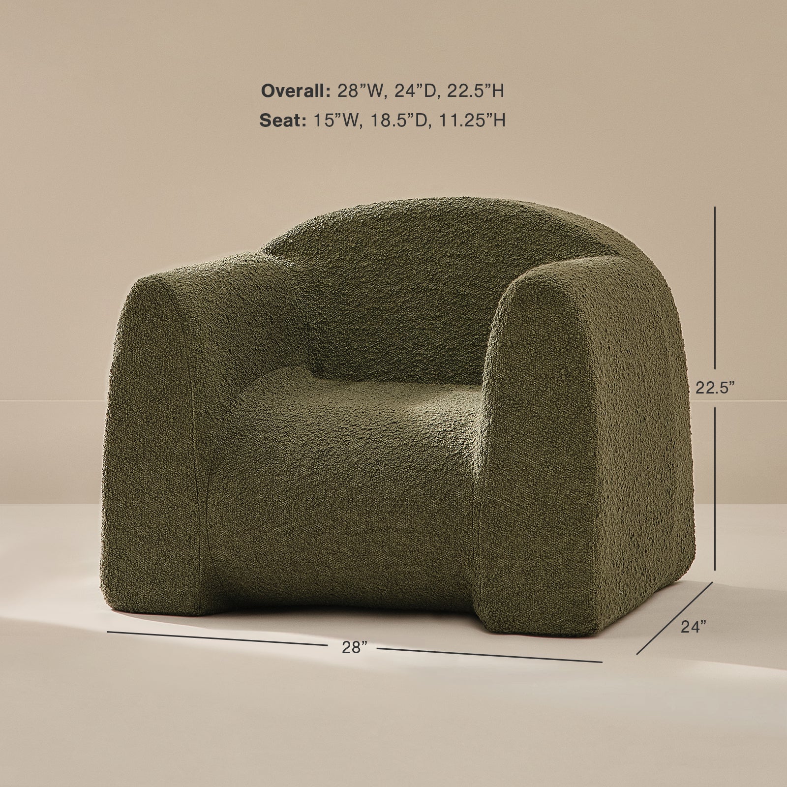 Green textured armchair with dimensions on a beige background