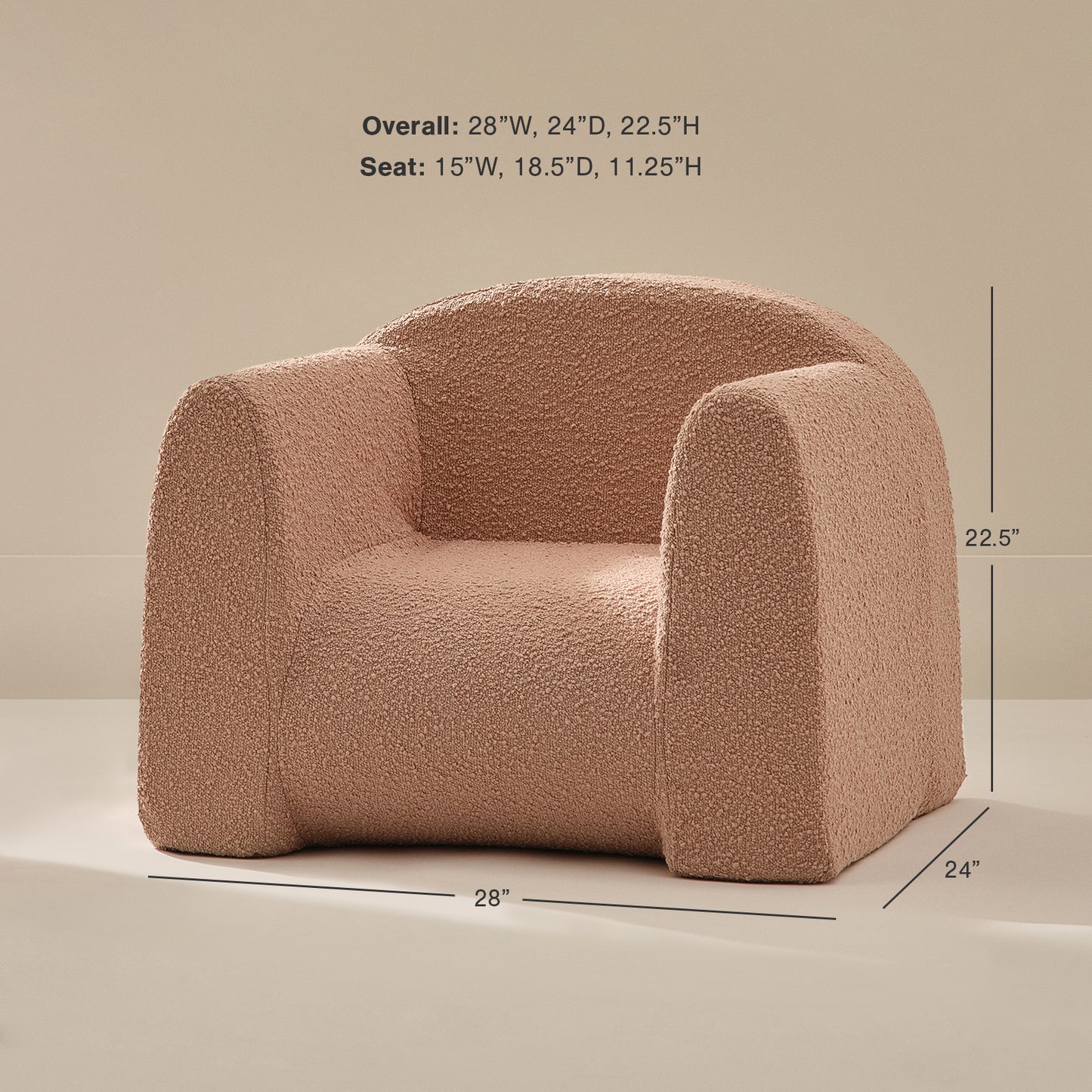 Pink textured armchair with dimensions on a beige background