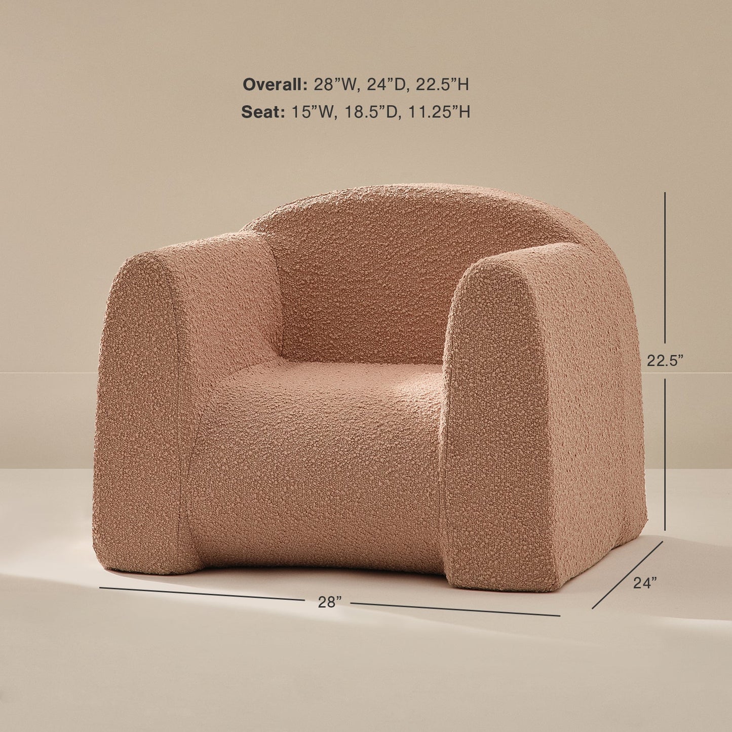 Pink textured armchair with dimensions on a beige background