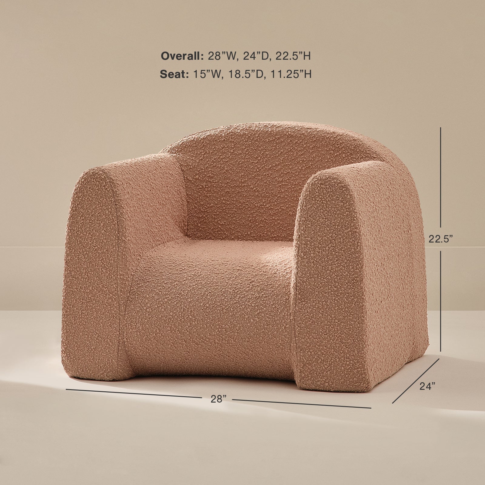 Pink textured armchair with dimensions on a beige background