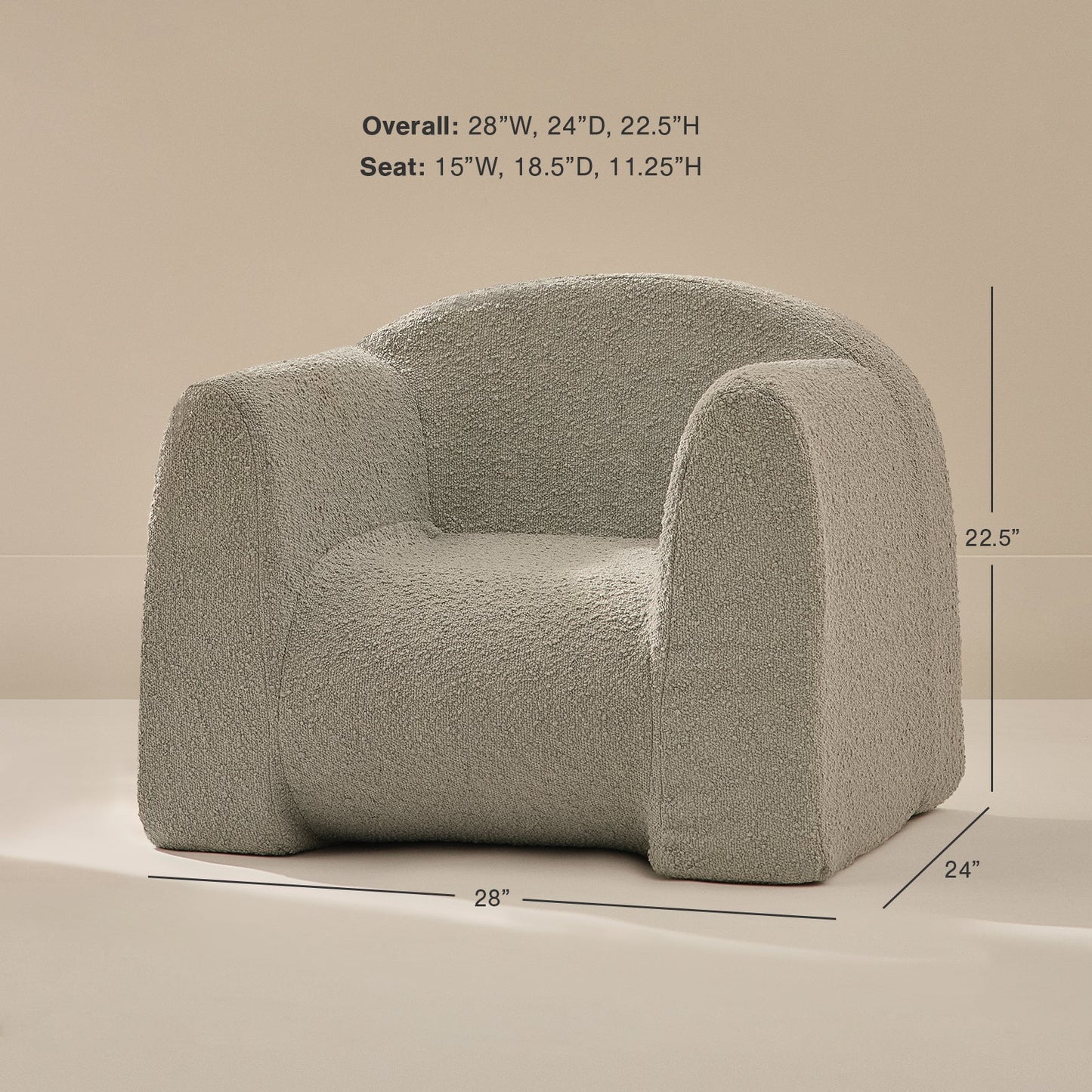 Gray textured armchair with dimensions on a beige background