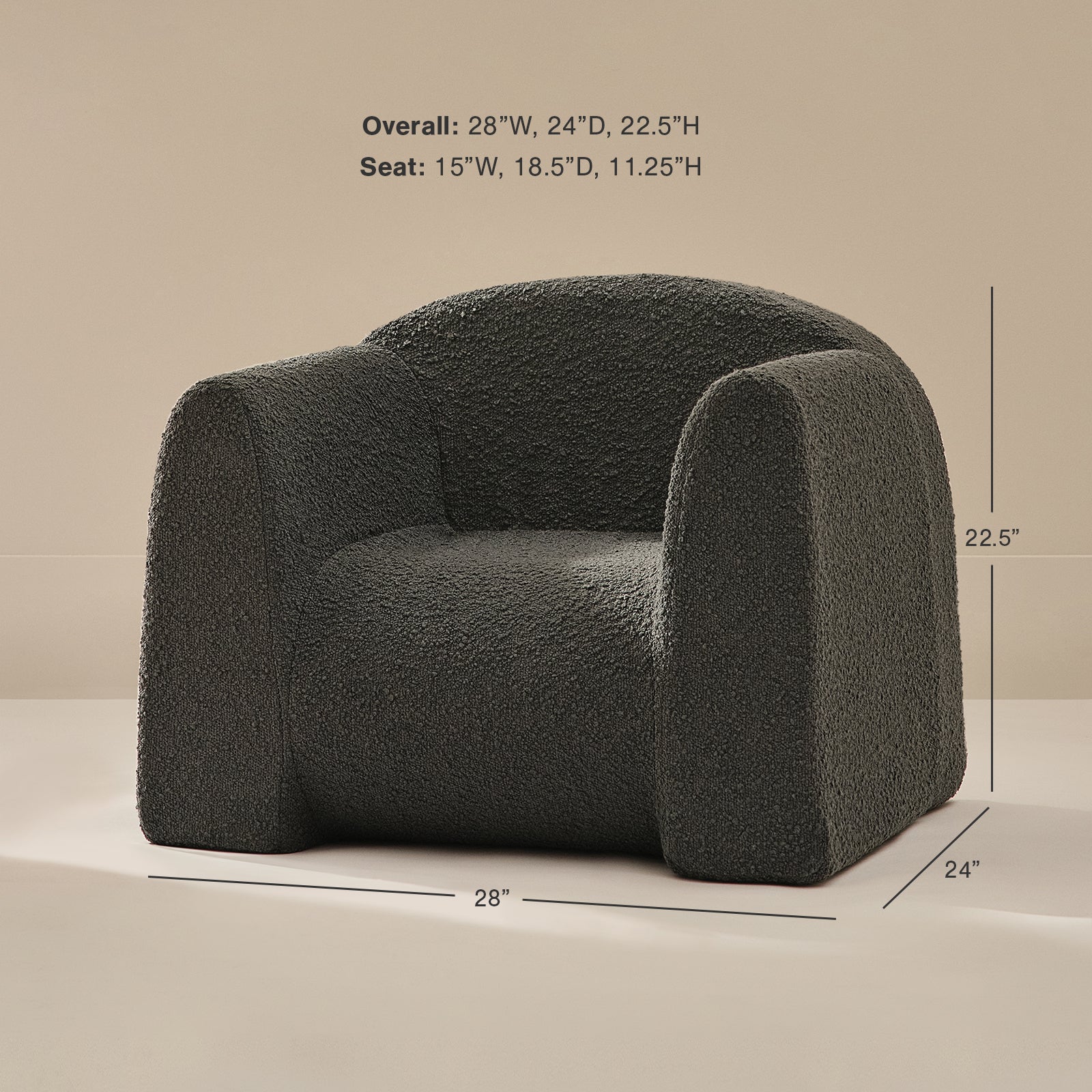 Gray textured armchair with dimensions on a beige background