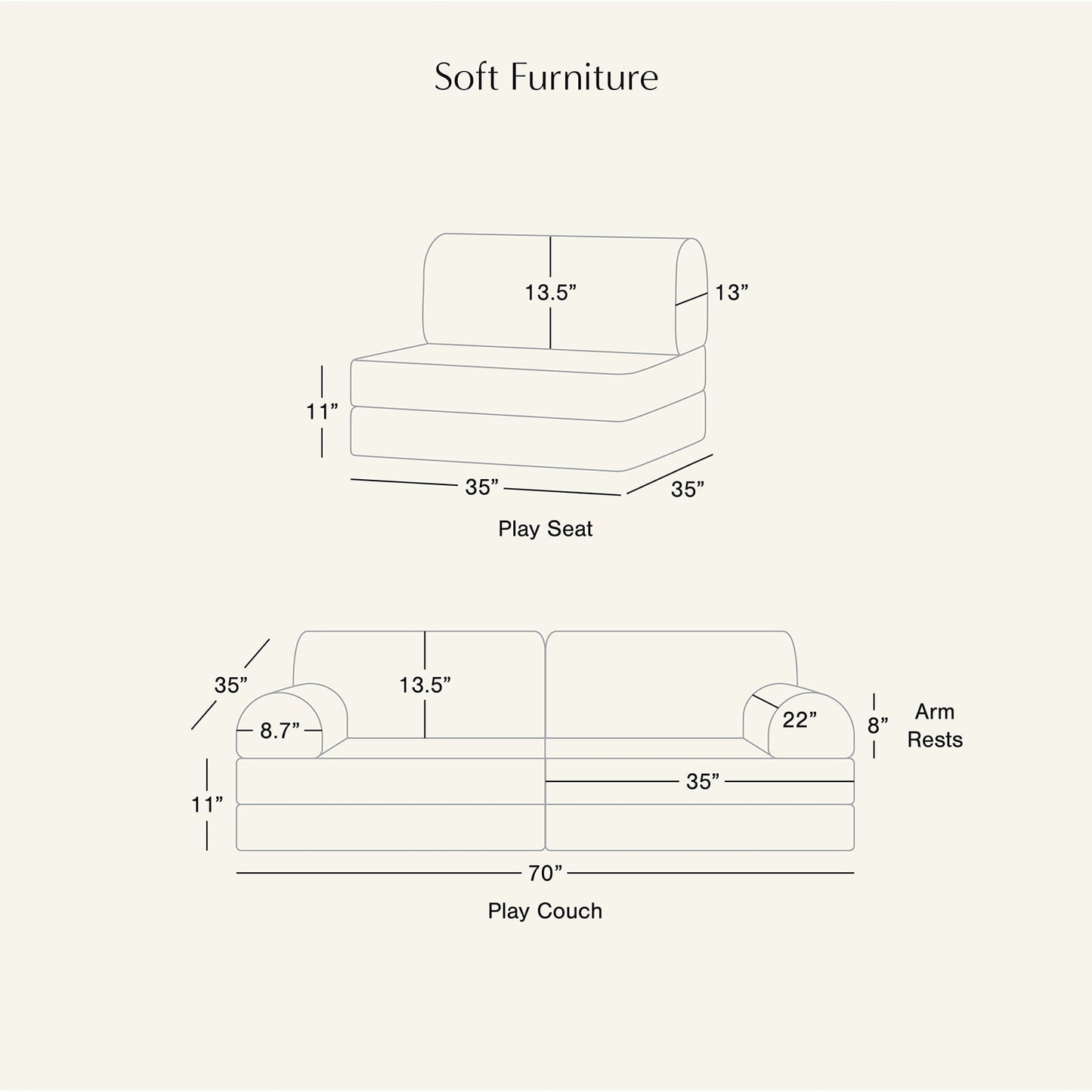 Dimensions of a play seat and play couch labeled 'Soft Furniture'.