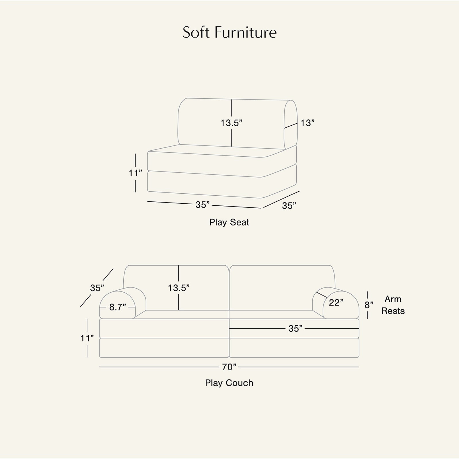 Dimensions of a play seat and play couch labeled 'Soft Furniture'.