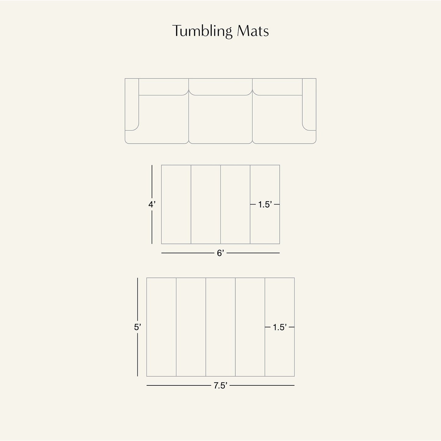 Diagram of tumbling mats with dimensions on a white background
