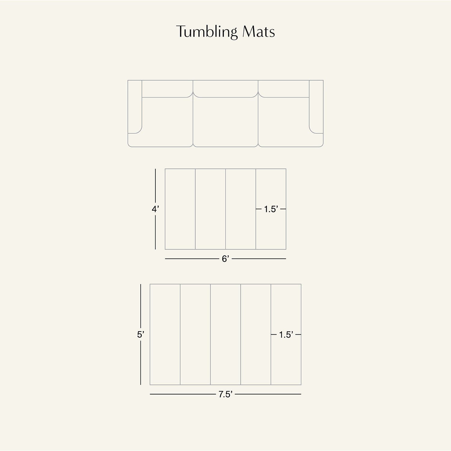 Diagram of tumbling mats with dimensions on a white background
