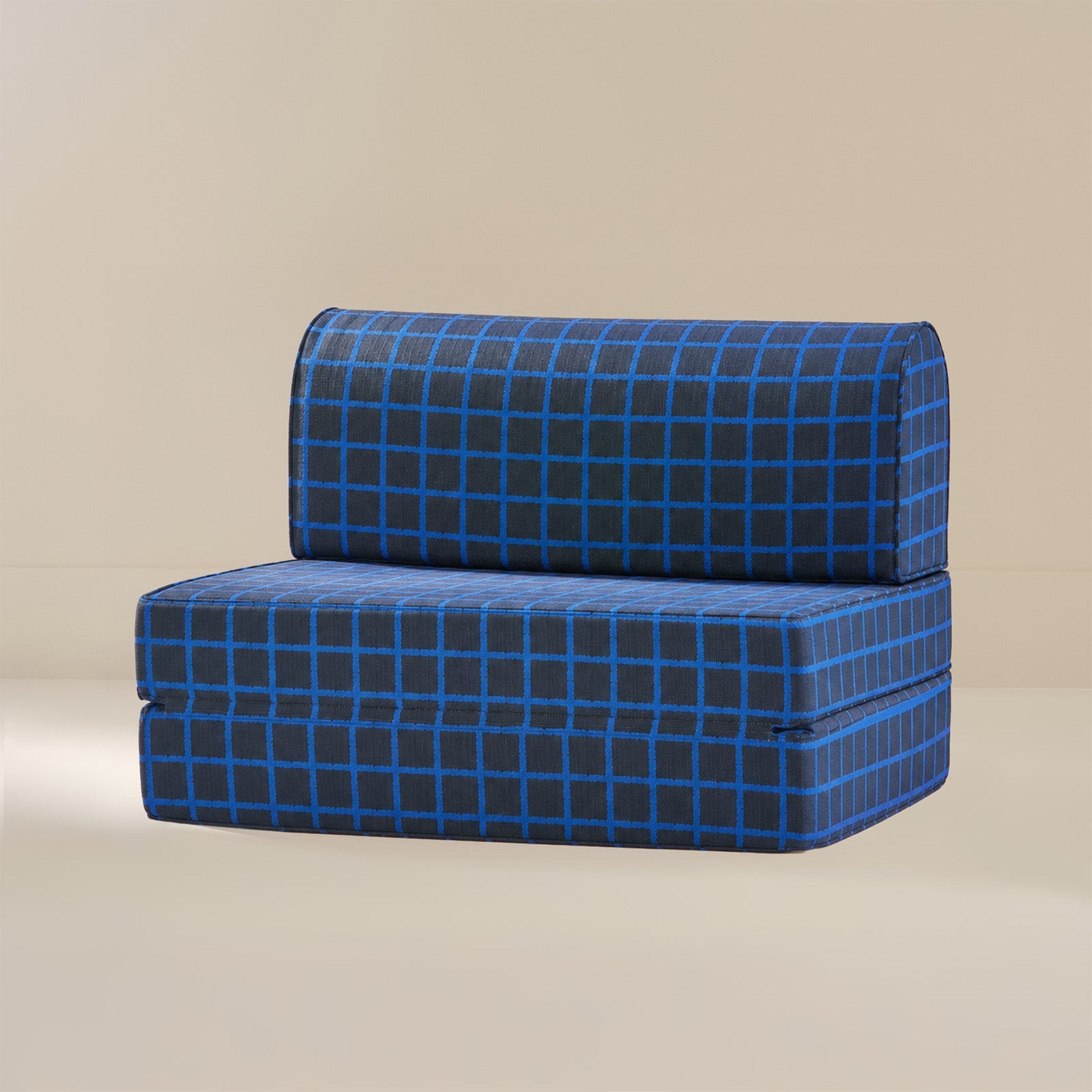 A blue upholstered seat cushion with a matching backrest, featuring a dark blue grid pattern, shown on a neutral beige background.