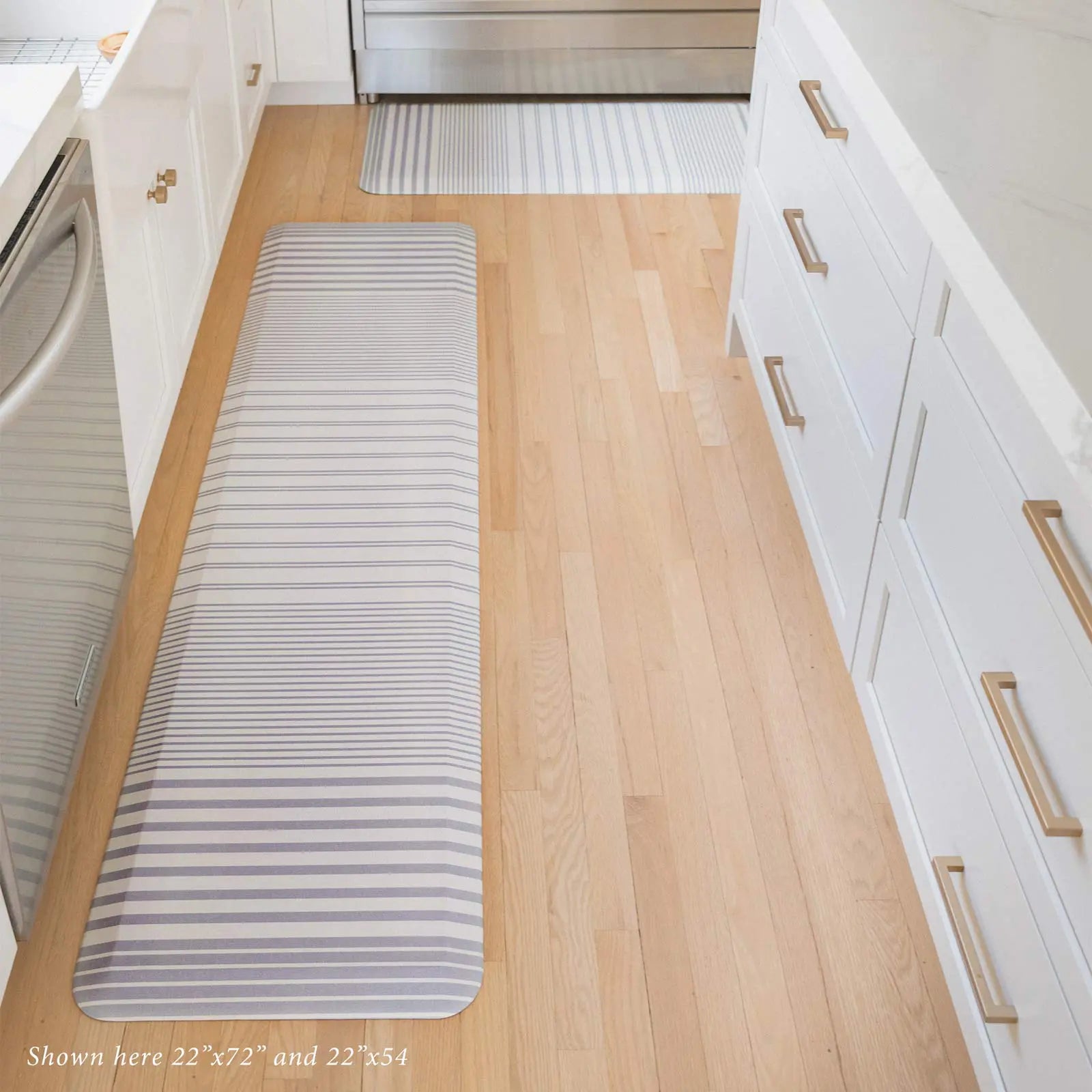 Nantucket Coastal Minimal Blue Ivory Stripe Standing Mat in kitchen in size 22x54 and 22x72