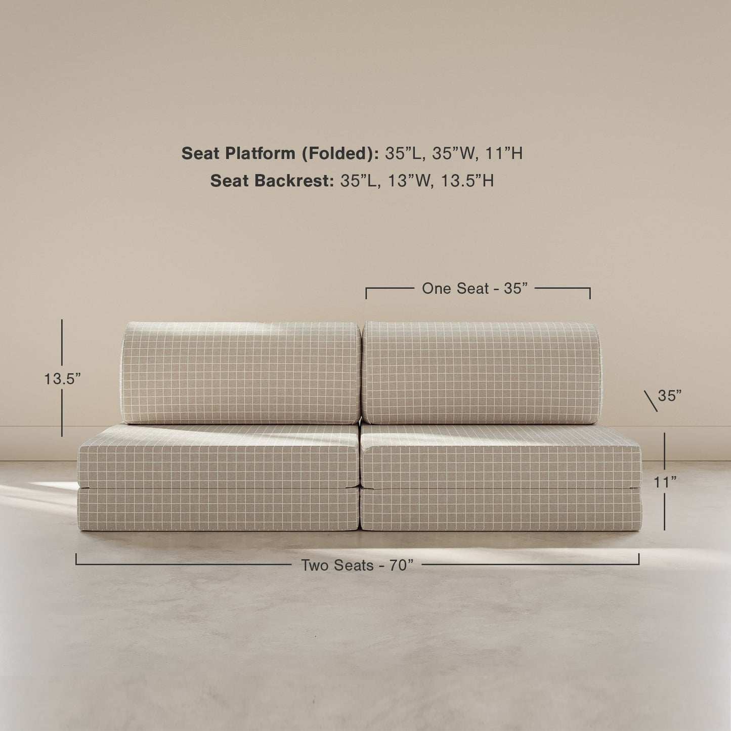 Measurement chart of a sofa with dimensions labeled on a beige background