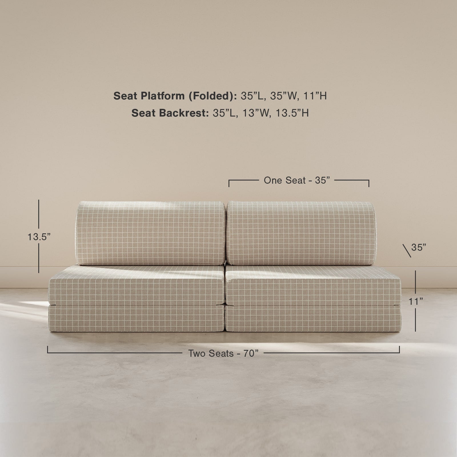 Measurement chart of a sofa with dimensions labeled on a beige background