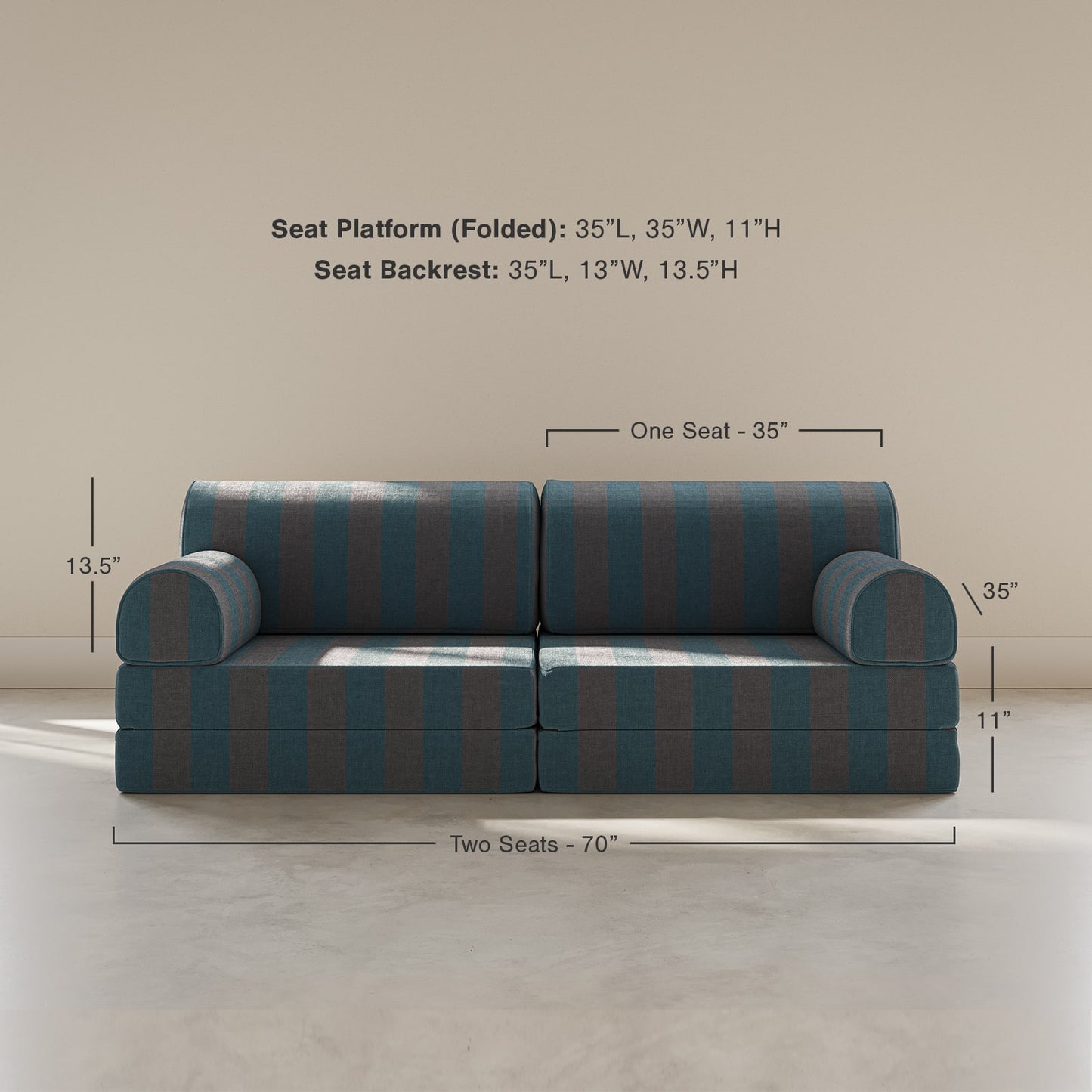 Blue and green striped sofa with dimensions on a beige background