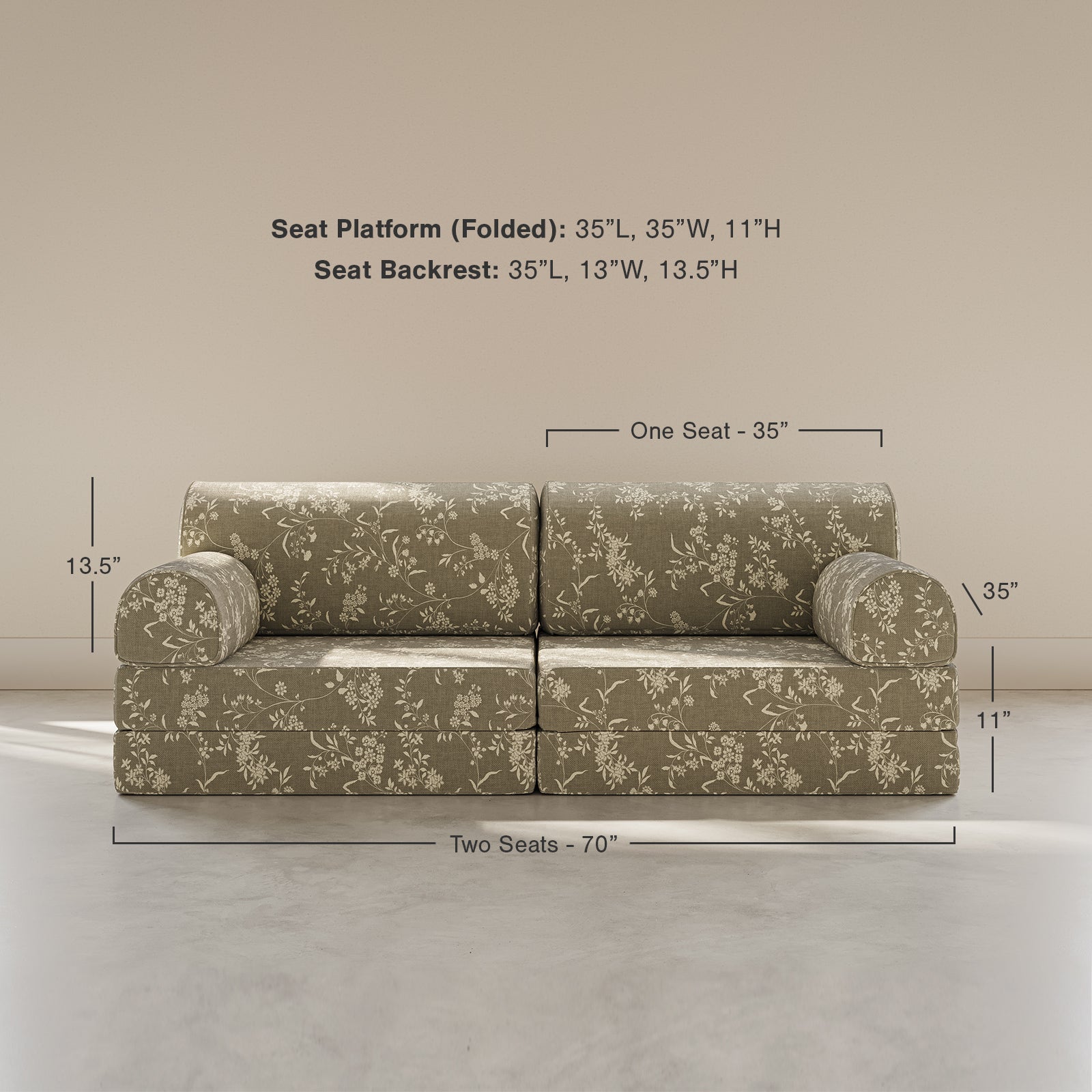 Floral-patterned sectional sofa with dimensions on a plain background